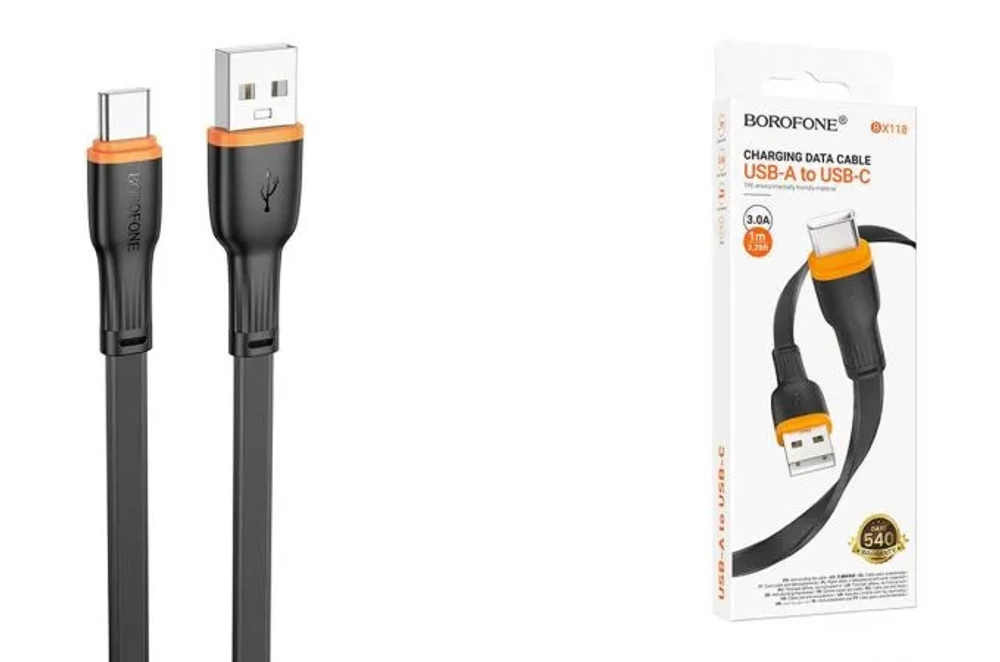 Кабель Borofone BX118 USB-Type-C 3A 1м TPE плоский Black