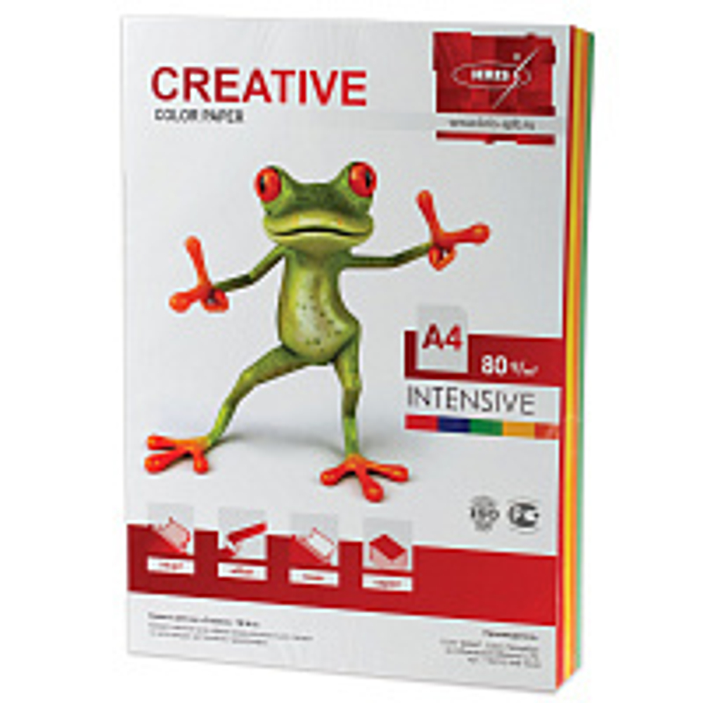 Бумага цветная CREATIVE color, А4, 80г/м, 100 л, (5цв.х 20л), микс интенсив, БИpr-100r, ш/к 44486