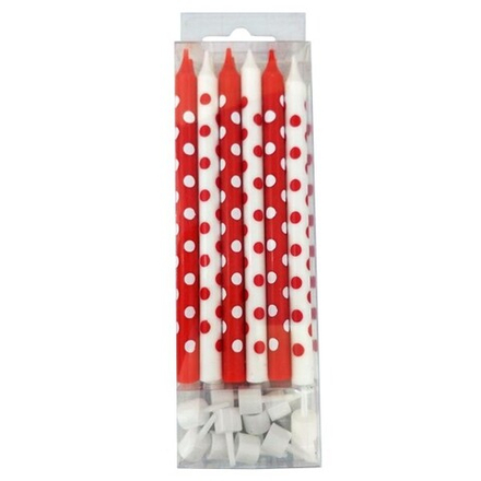РАСПРОДАЖА Свечи Красные и белые в горошек 12шт с держателями 12см