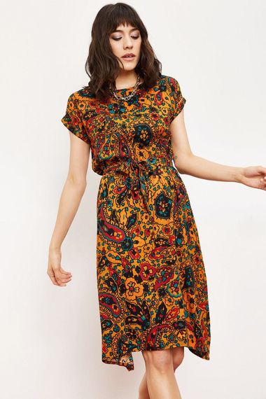 Qadın üçün xardal rəng Qısa Qollu Etnik Naxışlı Elastik Bel Midi Don 10041008