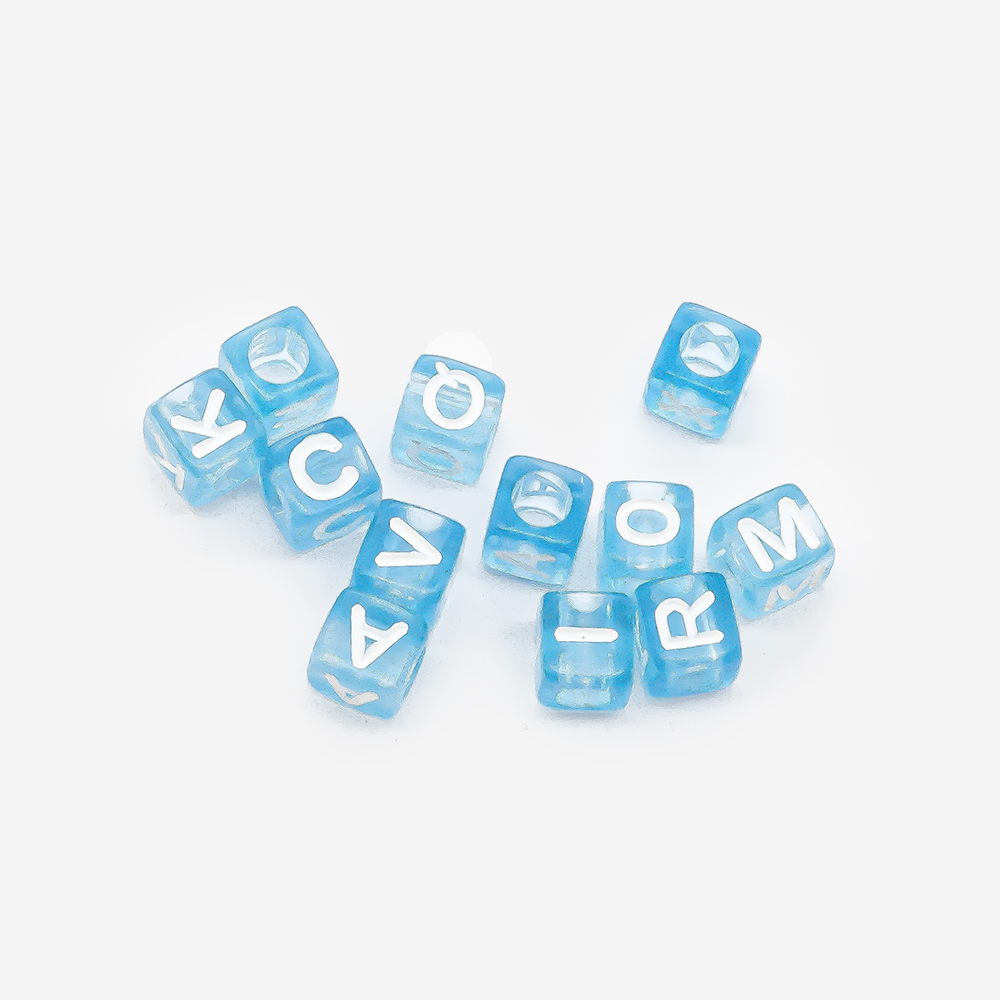 Бусины-кубик с буквами "Английский алфавит", 6мм, голубой, акрил