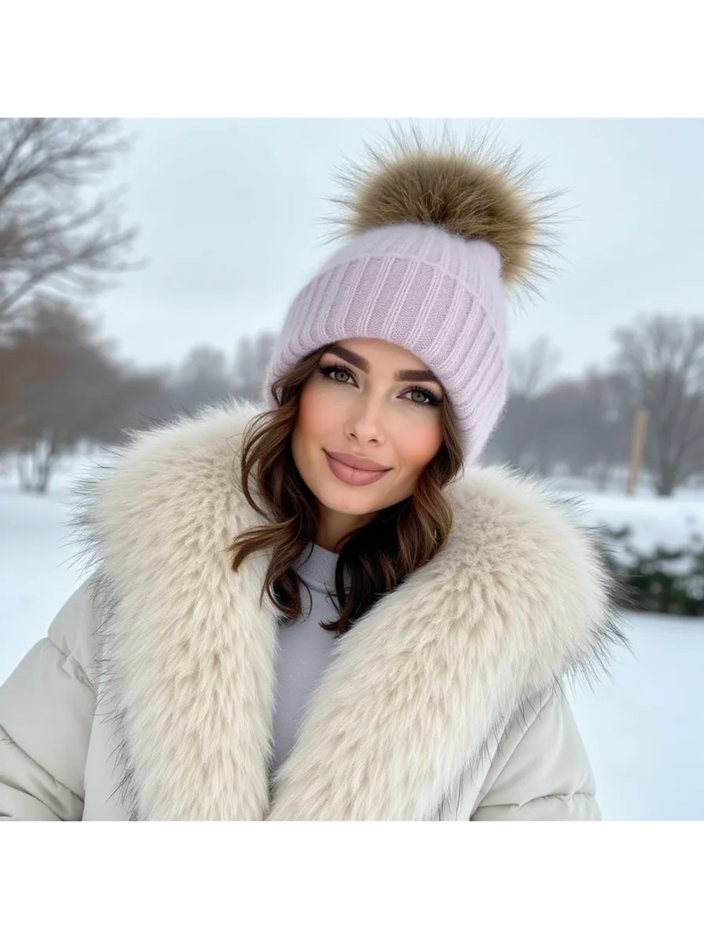 шапка ангора с меховым помпоном зимняя пушистая стильная