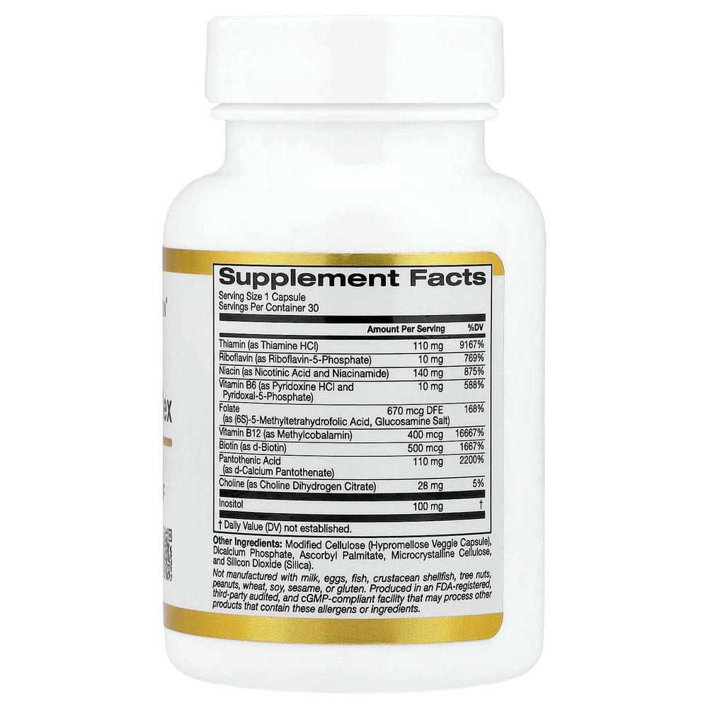 California Gold Nutrition, высокоэффективный комплекс витаминов группы B с тиамина гидрохлоридом, ниацином, пантотеновой кислотой и инозитолом, 30 вегетарианских капсул