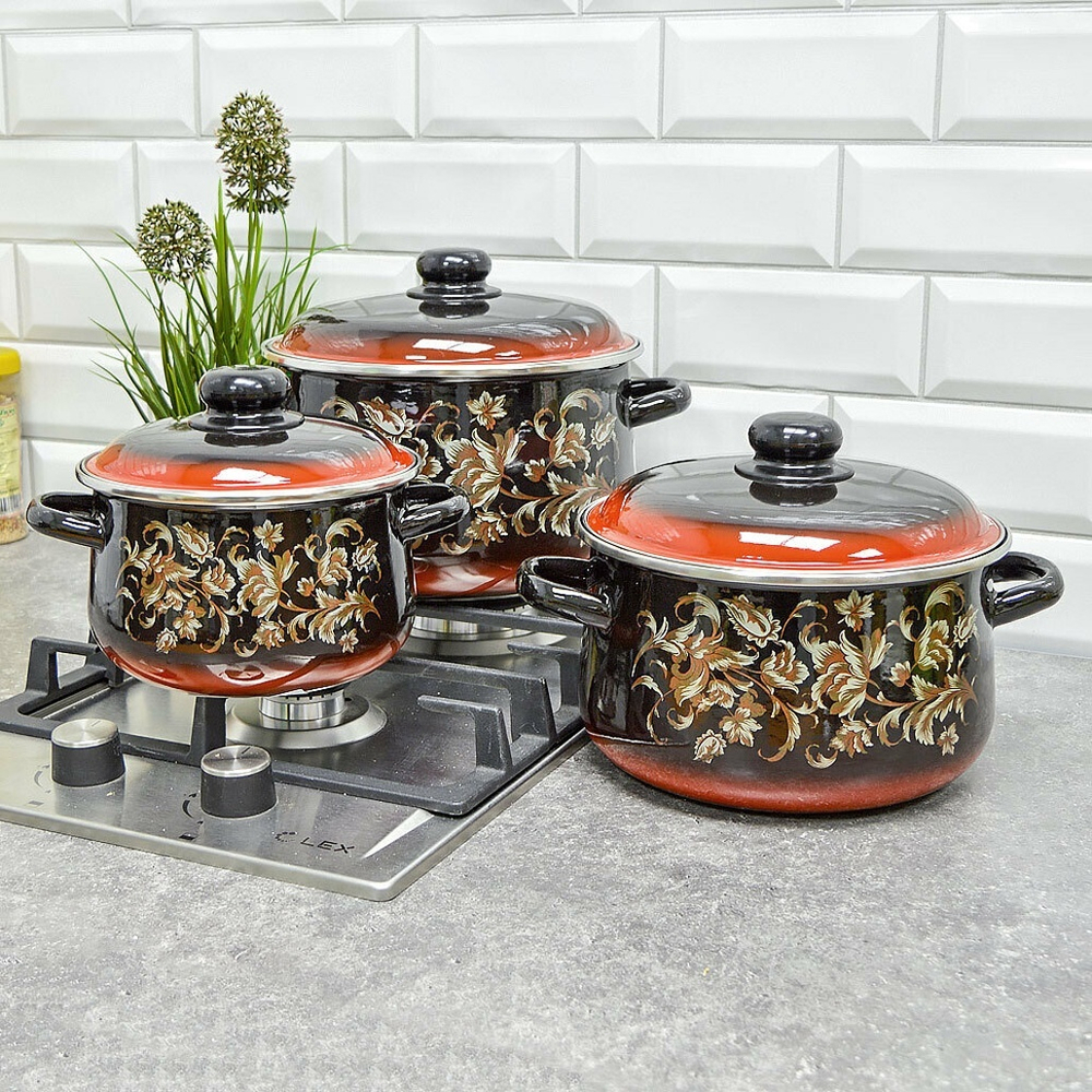 Набор кастрюль "Драгоценный" черный с красным