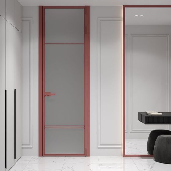 Модель 4AХ профиль красный антрацит стекло матовое в алюминиевом моноблоке INTEGRAL в интерьере