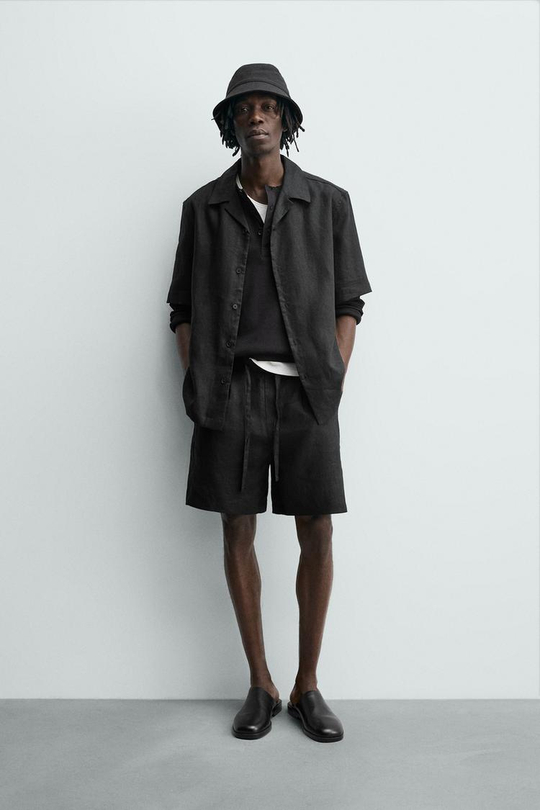 ZARA ШОРТЫ RELAXED FIT ИЗ 100% ЛЬНА, ЧЕРНЫЙ