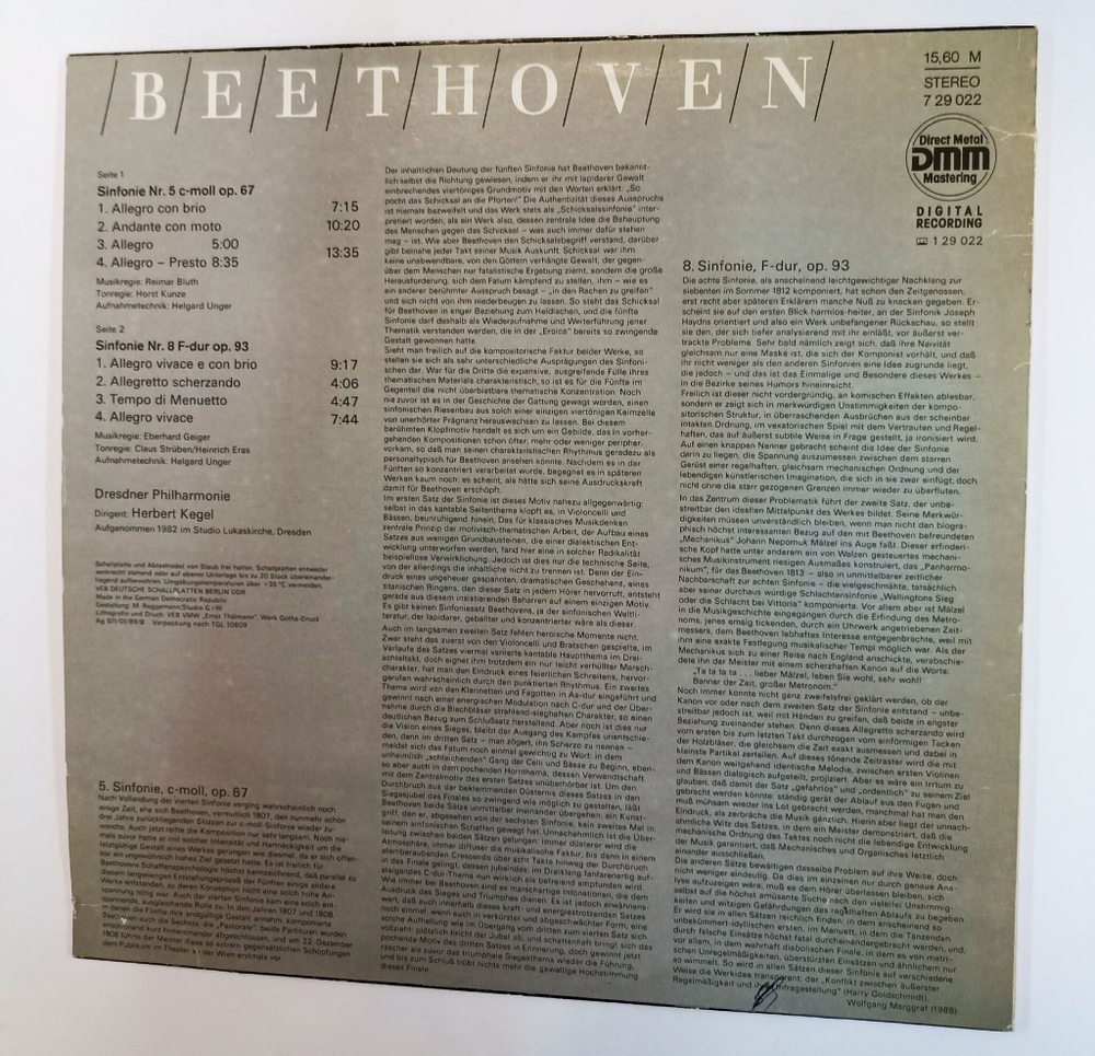 Винтажная виниловая пластинка LP Beethoven Бетховен Dresdner Philharmonie Conductor Herbert Kegel Sinfonie Nr. 5 C moll Op. 67 Sinfonie Nr. 8 F dur Op. 93 (ГДР 1989)