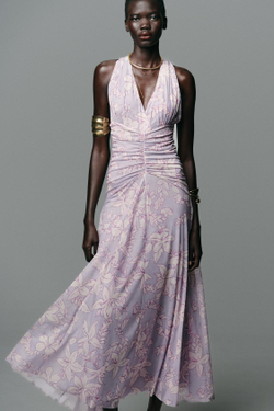 ZARA ДЛИННОЕ ПЛАТЬЕ ИЗ ТКАНИ С ПРИНТОМ, СИРЕНЕВЫЙ