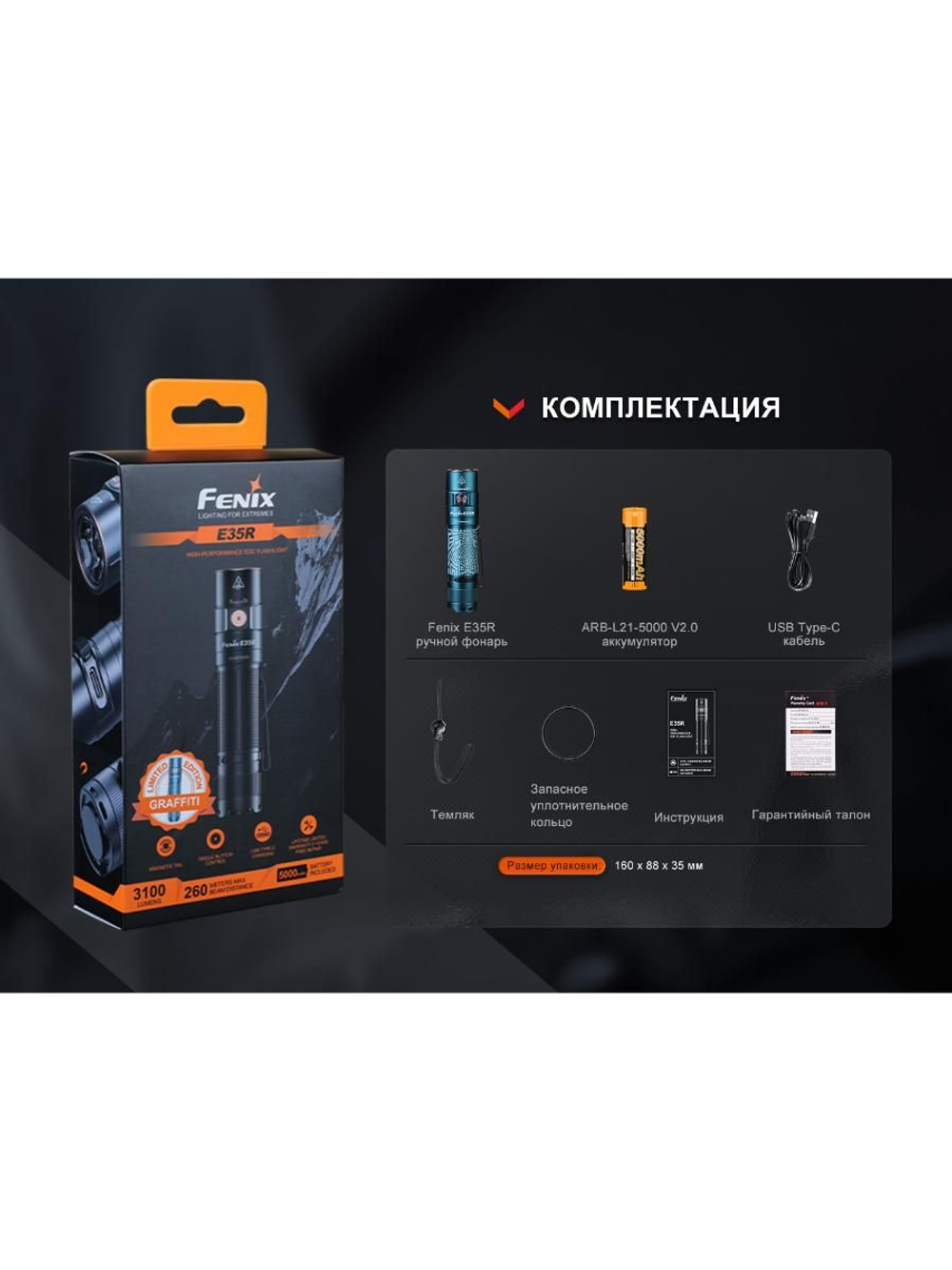 Фонарь Fenix E35R бирюзовый граффити 3100 люмен EDC/Search 21700