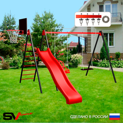 Уличные качели Sv Sport с горкой УК194КП2 (3.7м/Щит баскет/Со спинкой/Деревянные/Подвесы на подш 2к)