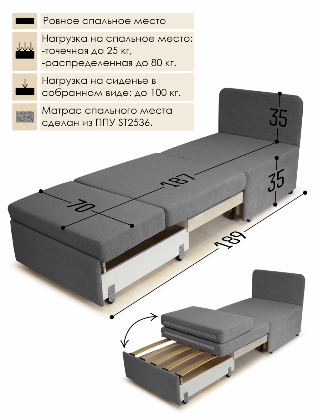 Кресло-кровать "Миник" 70 см, велюр Candy Grey