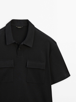 Massimo Dutti Хлопковая рубашка-поло с короткими рукавами и карманами, черный