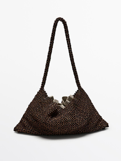 Massimo Dutti Сумка-сэтчел с деталями из дерева и плечевым ремнем, коричневый