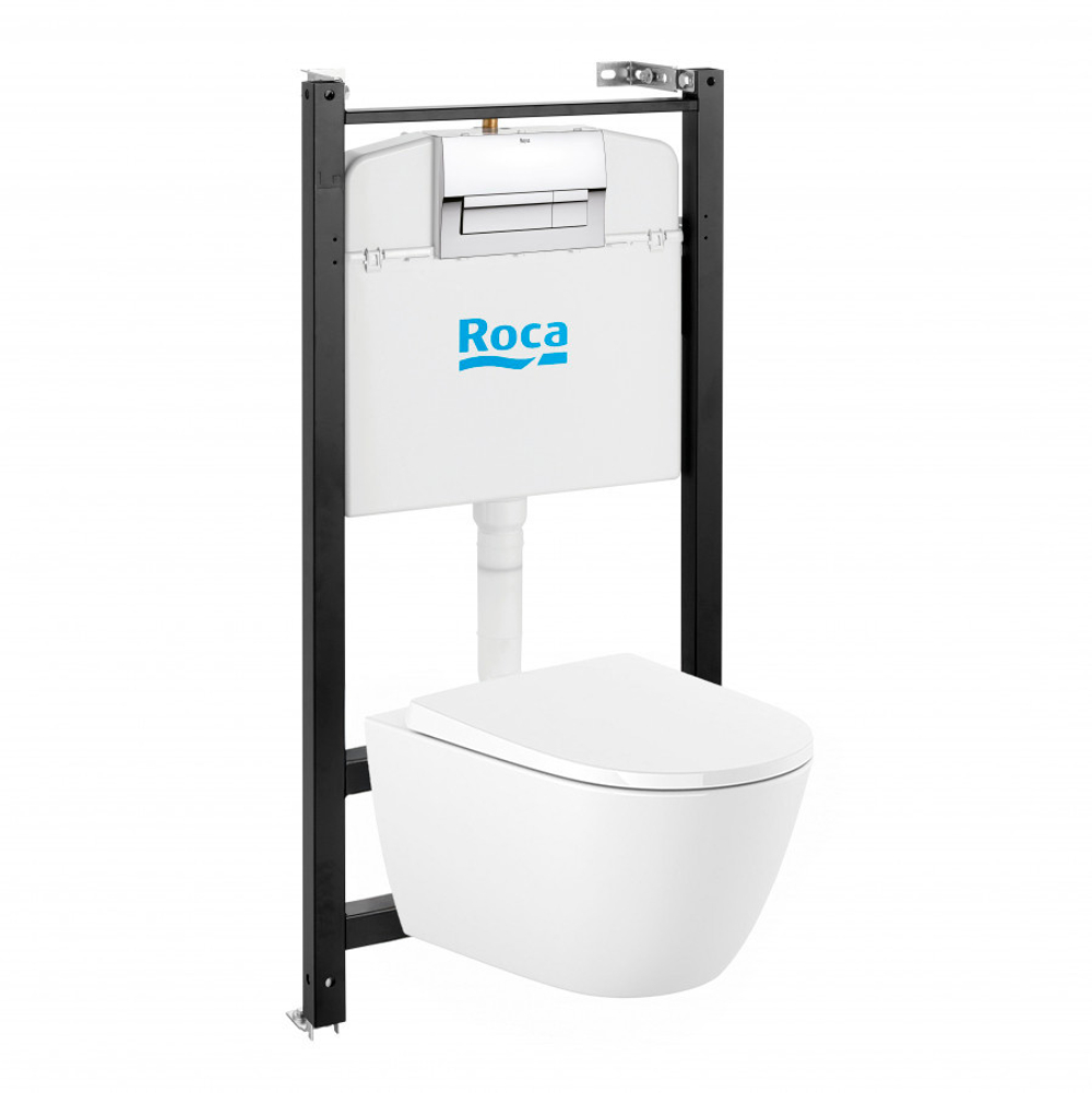 ПЭК Roca Ona Rimless ZRU9310392 подвесная чаша + инсталляция + сиденье + панель смыва хром глянец