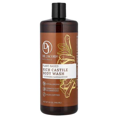 Dr. Jacobs Naturals, Насыщенный гель для душа из кастильского дерева на растительной основе, успокаивающее сандаловое дерево, 946 мл (32 унции)