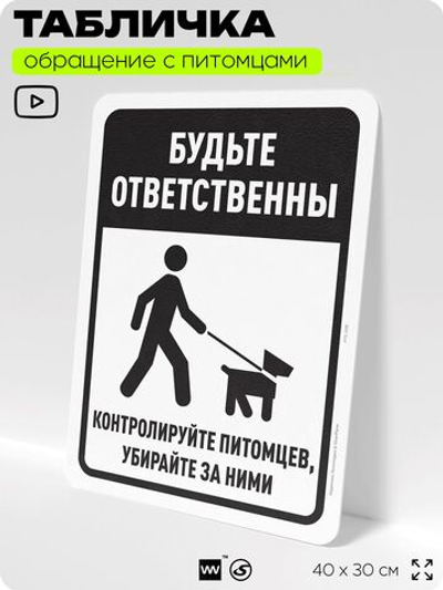 Табличка "Будьте ответственны, контролируйте питомцев и убирайте за ними" на дверь и забор, для двора, дома, подъезда, 40х30 см, Silver Plane x Айдентика Технолоджи