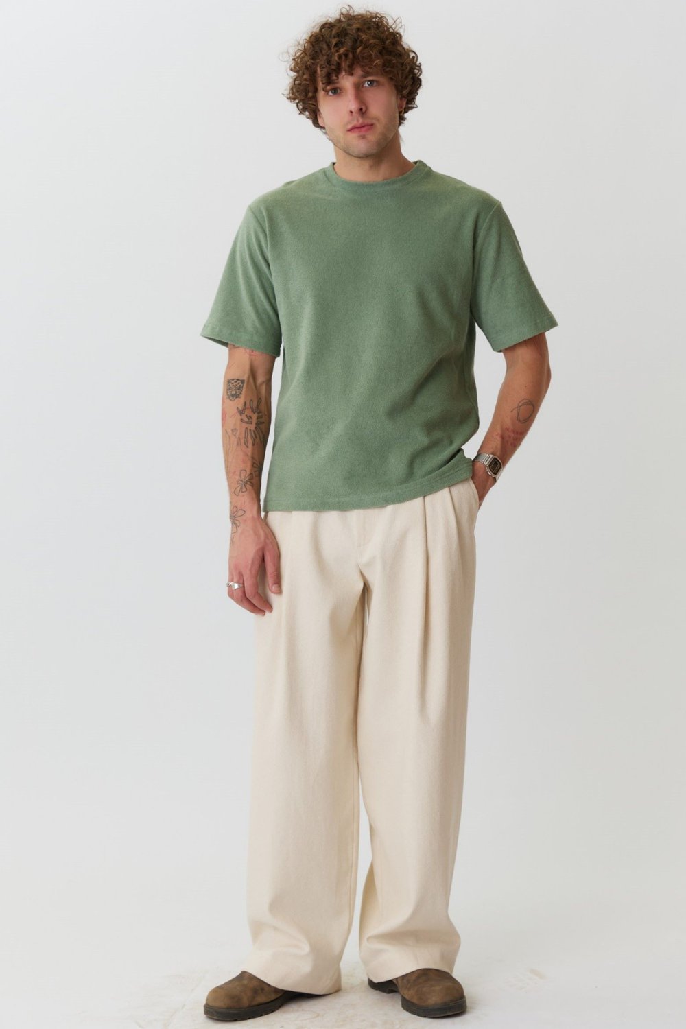 Футболка прямого кроя салатового цвета из махрового хлопка