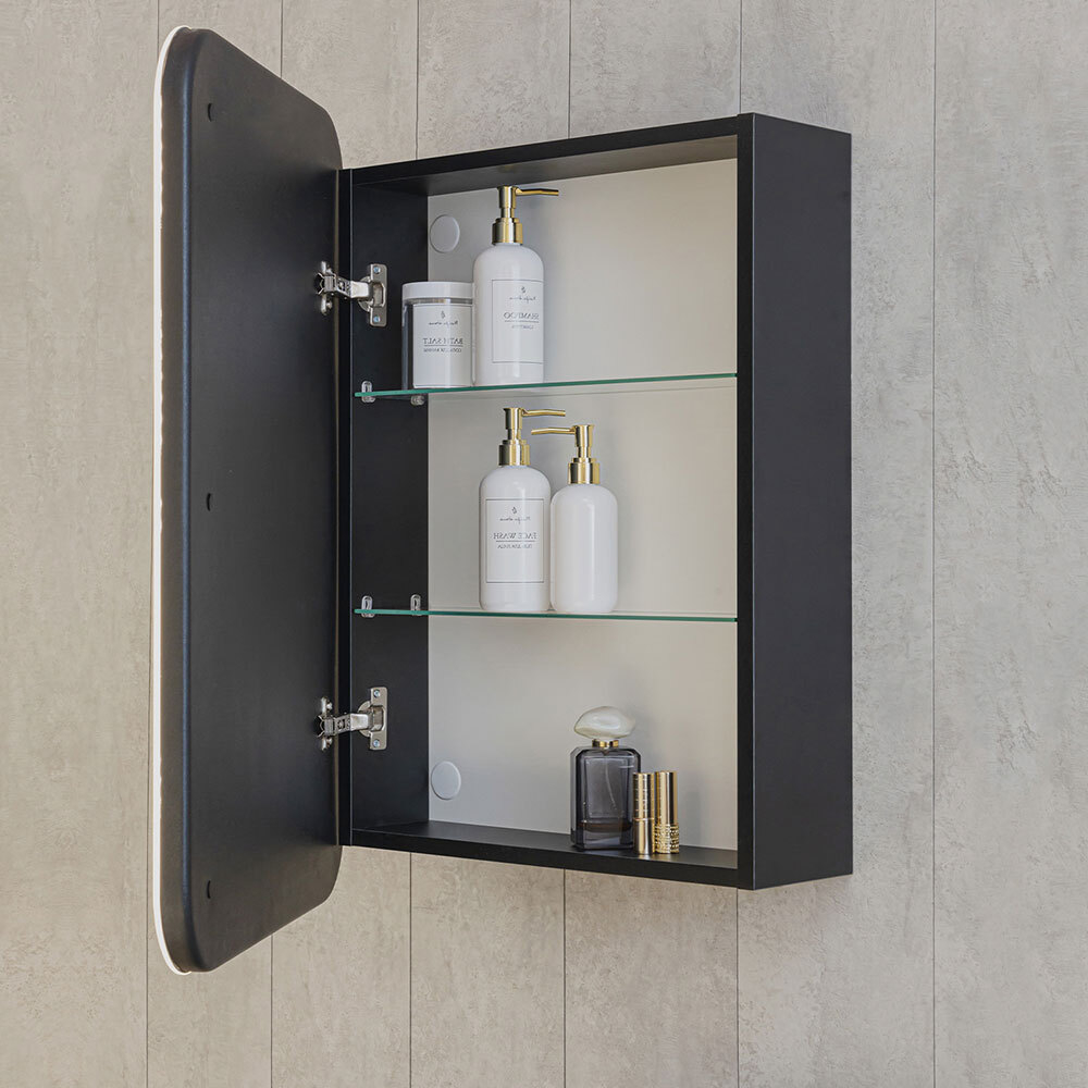 Зеркало-шкаф с подсветкой Джерси черный, 50х75 см (сенсорный выключатель, часы, левый, черный корпус)