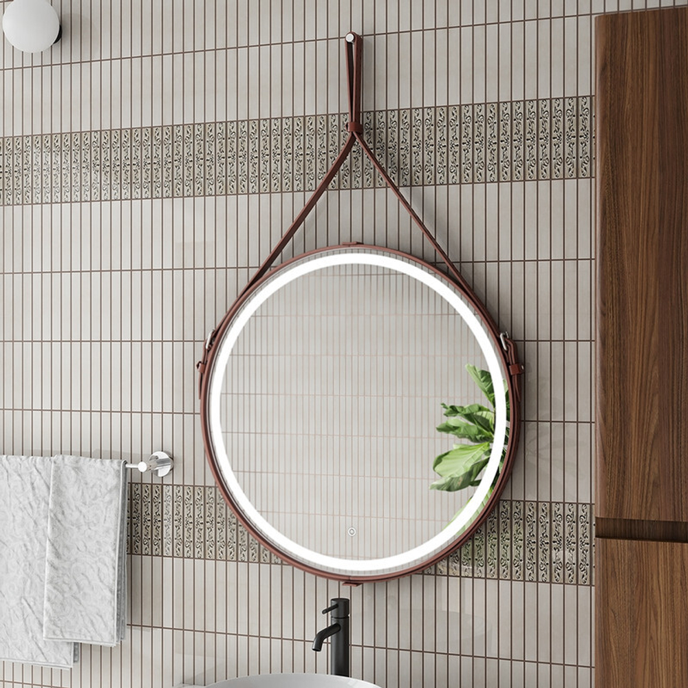 Зеркало "Millenium Brown Led" D 650 на ремне из натуральной кожи коричневого цвета