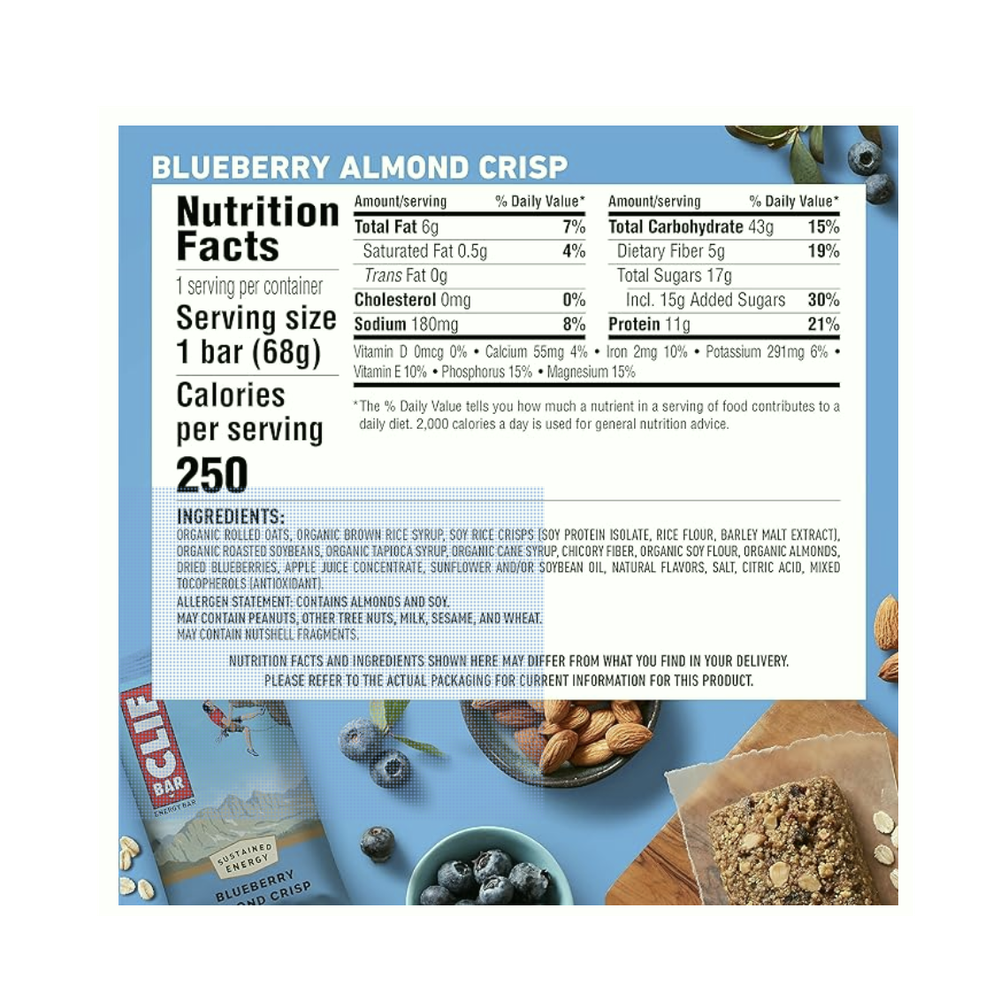 Clif Bar —Протеиновые батончики с черникой и миндалем — Сделано из органического овса — 11 г белка — Без ГМО — На растительной основе — Энергетические батончики