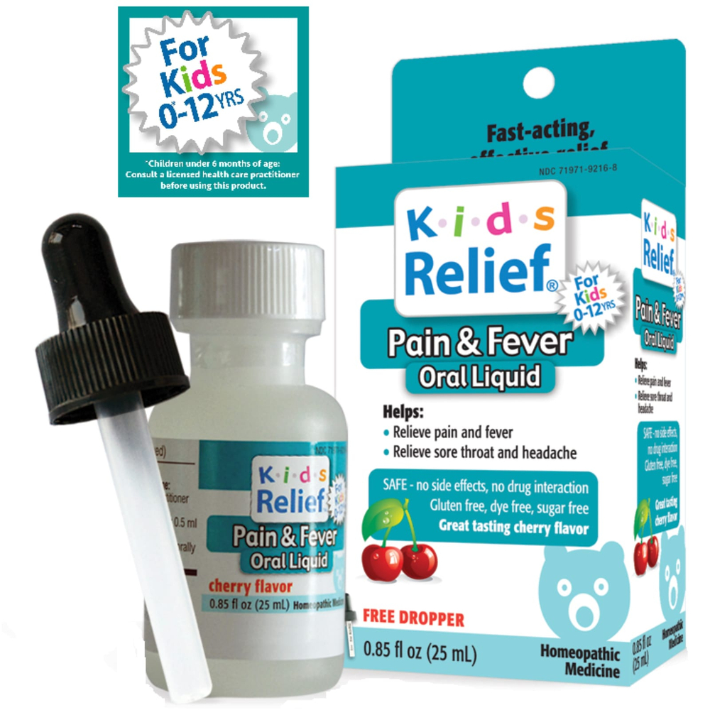 Homeolab USA, Kids Relief, жидкость для перорального применения от боли и лихорадки, для детей 0–12 лет, со вкусом вишни, 25 мл (0,85 жидк. унц.)