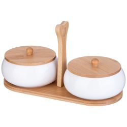 НАБОР БАНОК С ДЕРЕВ. КРЫШКОЙ LEFARD "NATIVE" 2 ШТ. 11,5 СМ 270 МЛ НА ДЕРЕВ. ПОДСТАВКЕ (КОР=36ШТ.)