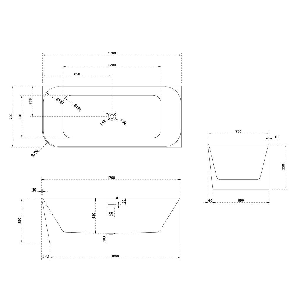 Ванна из искусственного камня ABBER Stein AS9621-1.7 R белая матовая