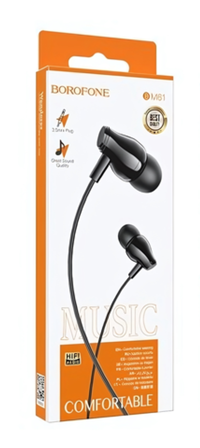 Гарнитура Borofone M61, вакуумные, разъем Jack, кабель 1.2 м Black