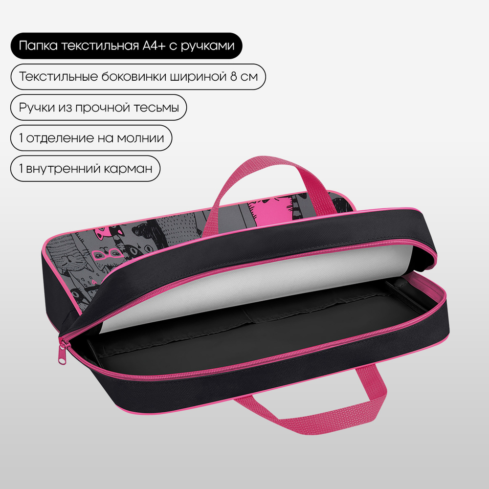 Папка текстильная с ручками 1 отделение, А4 "Happy Cats", 350*265*80мм, текстиль, на молнии, Berlingo