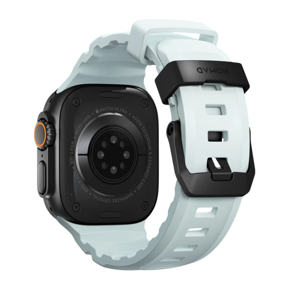 Спортивный ремешок Nomad Rocky Point Band Limited Edition Icy Blue Glow для Apple Watch 44, 45, 46 мм и Ultra 2–3 Водостойкий ремешок из фторэластомера с классической застёжкой из титана 5-го класса. На запястье обхватом 145–195 мм