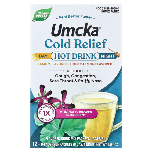 Nature's Way, Umcka®, горячий напиток от холода, для детей от 6 лет, лимон, мед и лимон, 12 пакетиков по 5 г (0,17 унции)
