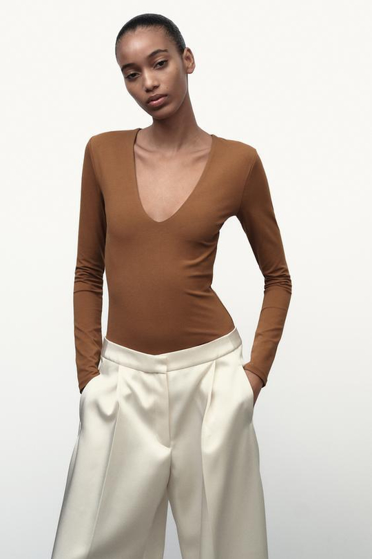 ZARA ХЛОПКОВОЕ БОДИ С ДЛИННЫМИ РУКАВАМИ, ОХРА