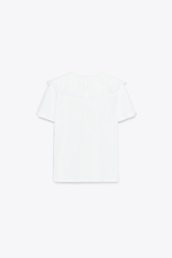 ZARA ФУТБОЛКА С КРУГЛЫМ ВЫШИТЫМ ВОРОТНИКОМ, БЕЛЫЙ