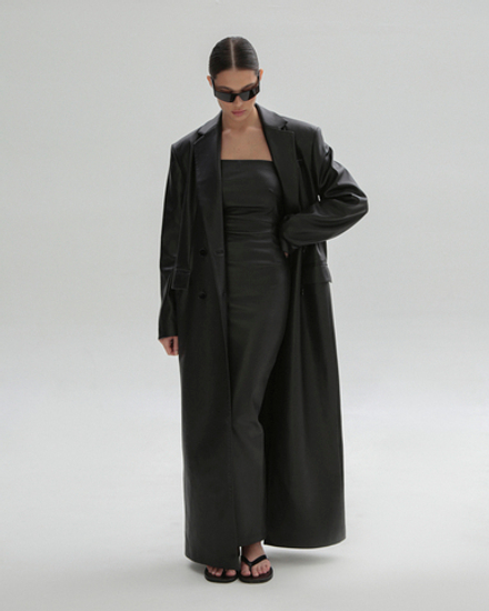 Пальто макси из экокожи кожи