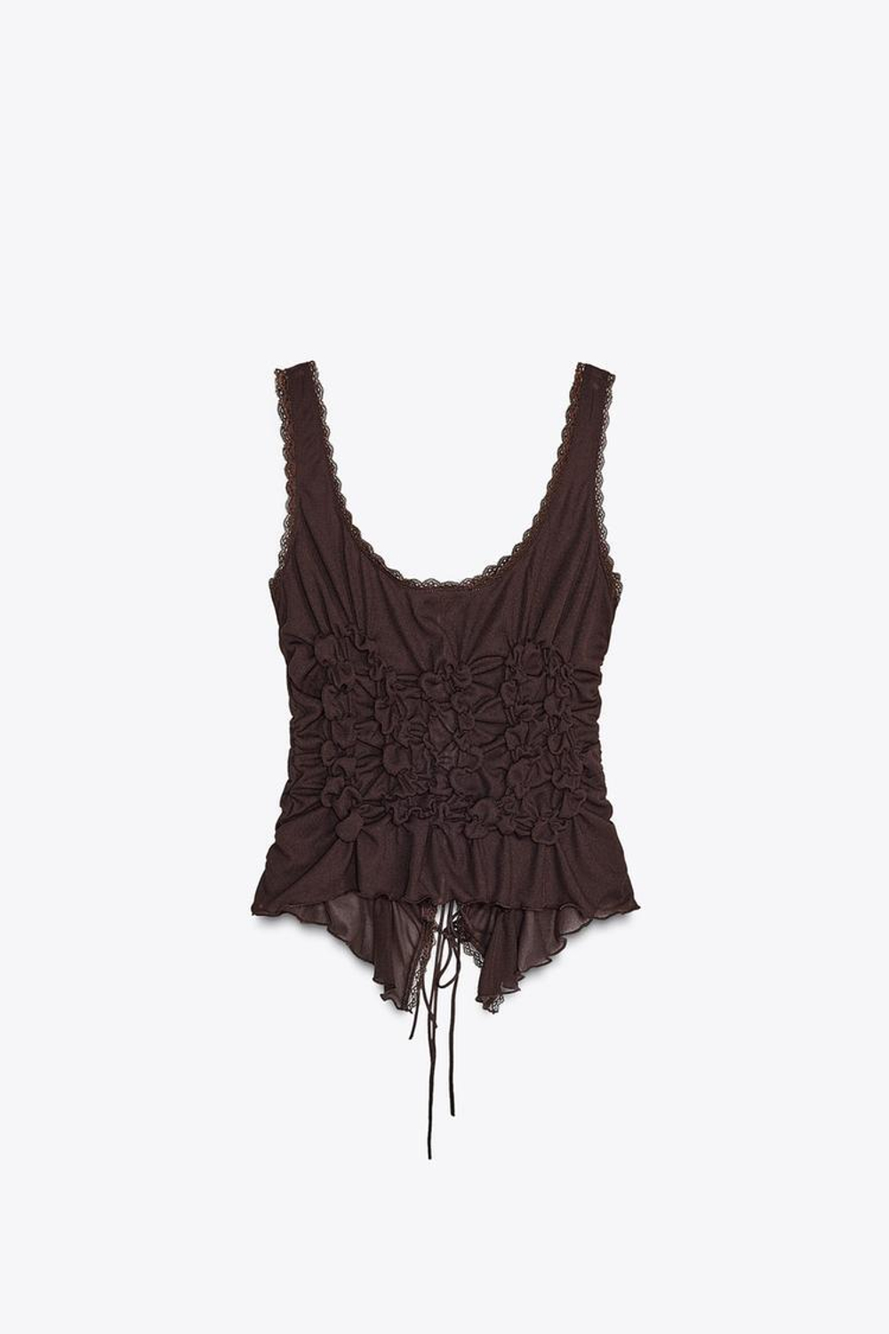 ZARA ТОП СО СБОРКАМИ И ЗАВЯЗКАМИ, ШОКОЛАДНЫЙ