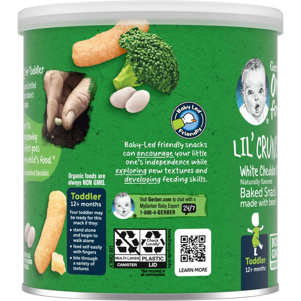 Gerber, Organic Lil 'Crunchies, запеченная с бобами закуска, от 12 месяцев, белый чеддер и брокколи, 45 г (1,59 унции)