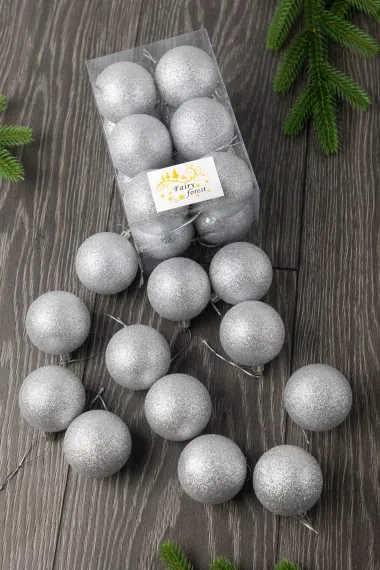 Набор пластиковых шаров Вероника 60 мм., серебро глиттер, 12 шт., ЕлкиТорг (150224)