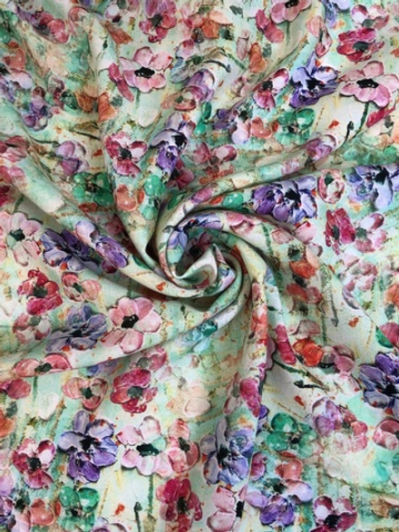 Штапель принт цветы сирень/розов/малинов на ментоловом