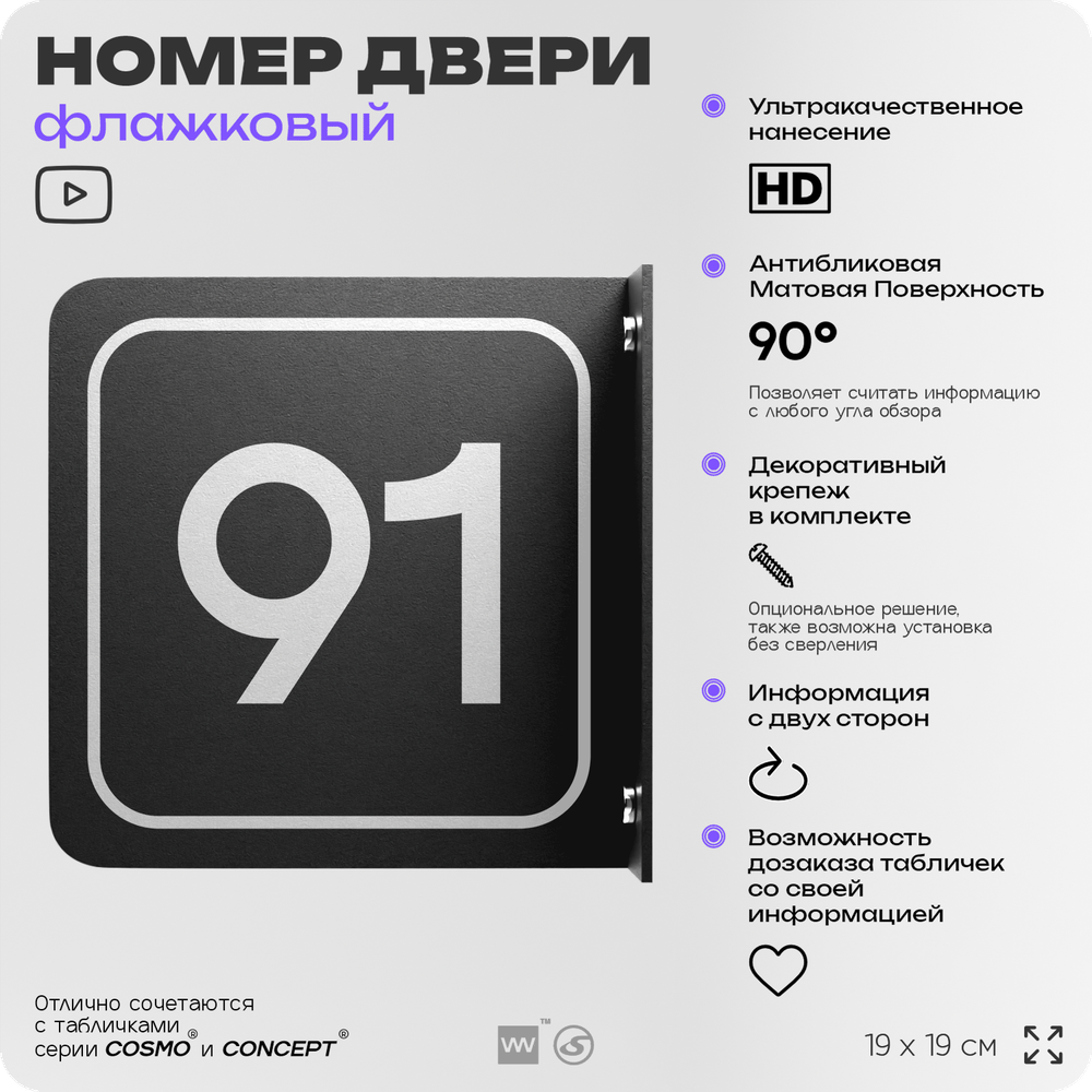 Табличка флажковая с номером 91 на дверь квартиры, для офиса, кабинета, аудитории, склада, черная двустороняя 19х19 см, Айдентика Технолоджи