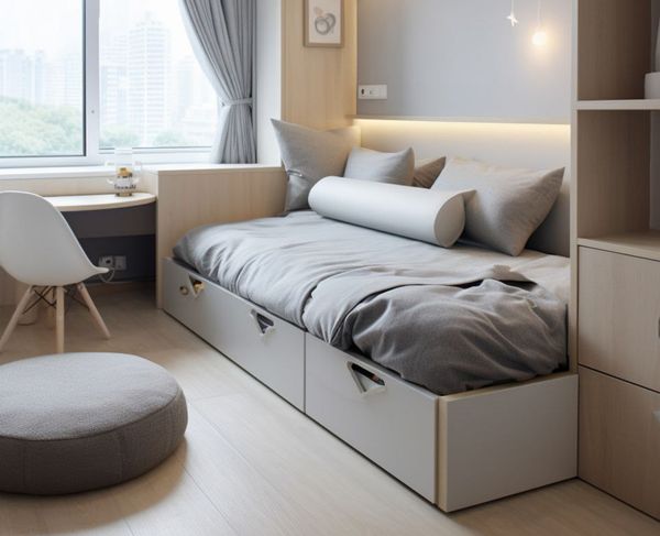 Кровать-подиум с выдвижными ящиками: умное хранение и стильный интерьер