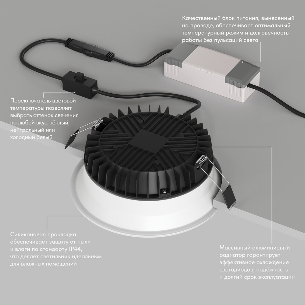 Встраиваемый влагозащищенный светильник TRIM, 18 Вт LED 3000-4000-6500K, IP44, алюминий, акрил