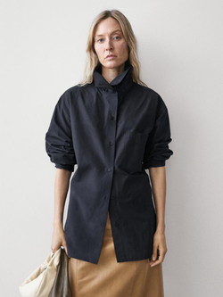 Massimo Dutti Куртка-рубашка из смесового хлопка с карманом, глубинно-синий