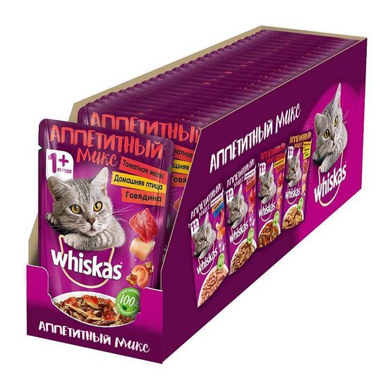 Whiskas пауч Аппетитный микс домашняя птица и говядина в томатном желе 85 гр