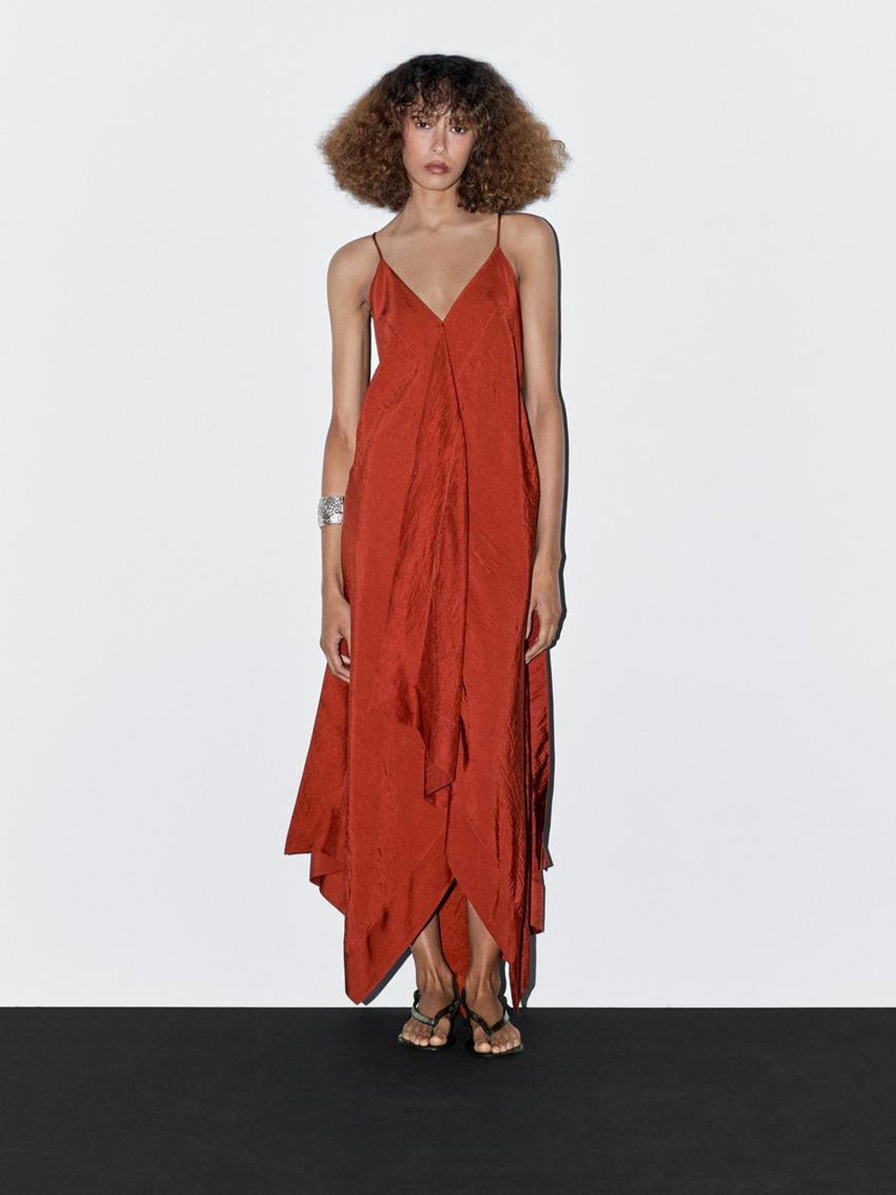 Massimo Dutti Платье миди из струящейся ткани с воланами, оранжевый