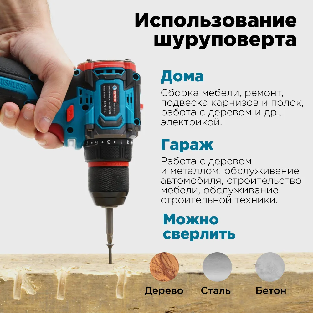 Шуруповерт аккумуляторный бесщеточный 16.8 В, 45 Нм BIYOTI