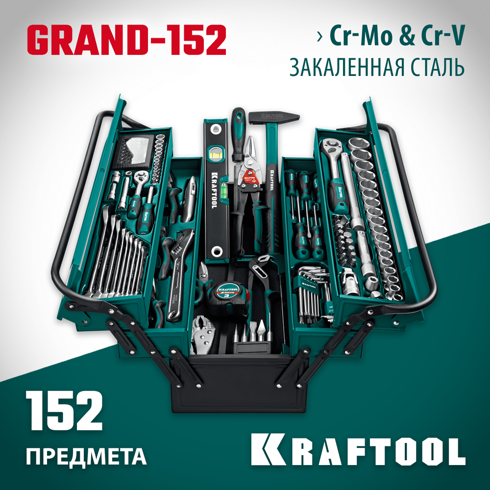 KRAFTOOL GRAND-152, 152 предм., (1/2″+1/4″), Универсальный набор инструмента (27978-H152)