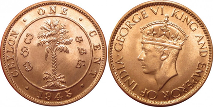 Цейлон 1 цент, 1942 - 1945 Король Георг VI XF