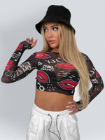 Топ-сетка By Style Janetta 001 с длинным рукавом с принтом красные губы и надписями Nadya