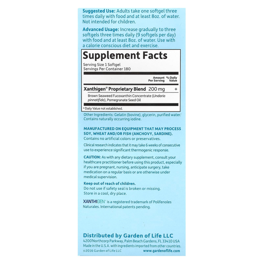 Garden of Life, FucoThin, нестимулирующий натуральный сжигатель жира, 180 мягких желатиновых капсул