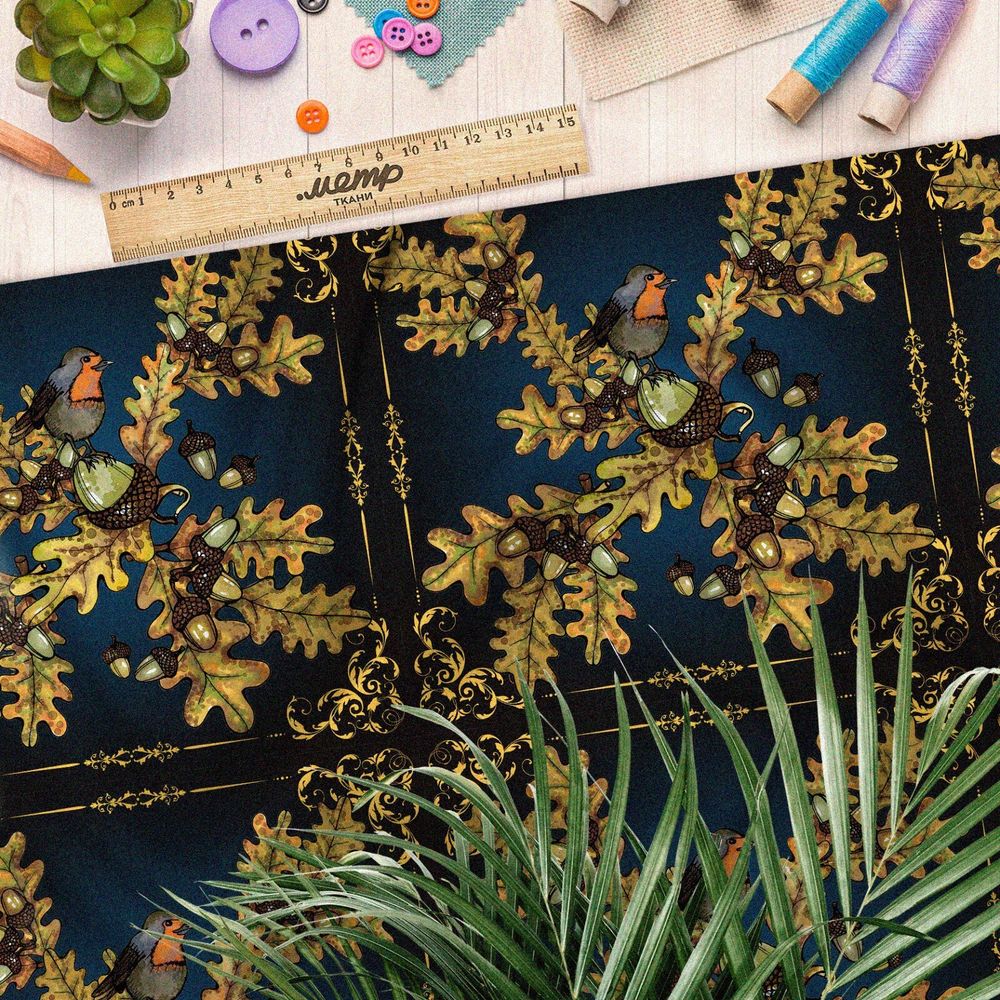 Ткань шифон желуди с листьями